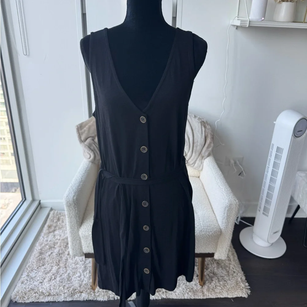 Sanctuary Black Button Front V-Neck Sleeveless Belted Dress Size Large NEW - Picture 1 of 5